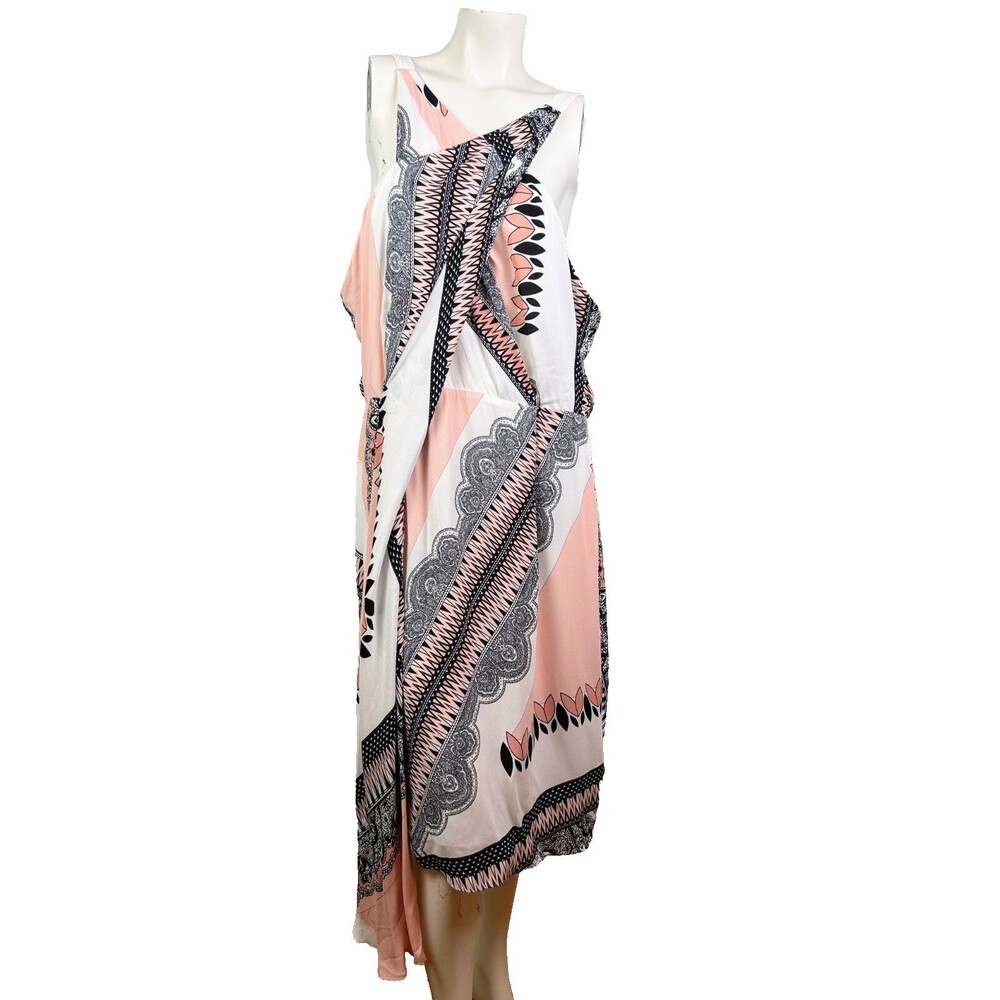 NWT REISS Hope Scarf Print Wrap Dress Asymmetrical Hem Pink White Black US 14 - Picture 3 of 16
